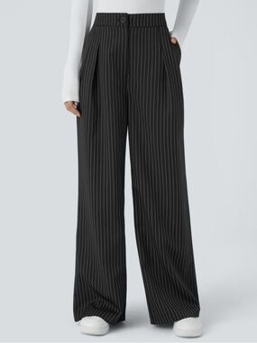 High Waisted Zipper Pocket Wide Leg Striped Work Pants Black